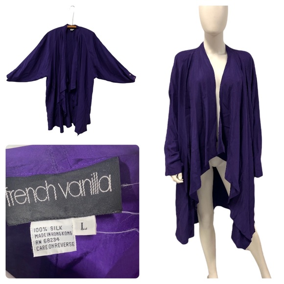 Vintage Jackets & Blazers - Vintage French Vanilla 100% Silk Purple Oversized hi-Lo Kimono Jacket Size Large